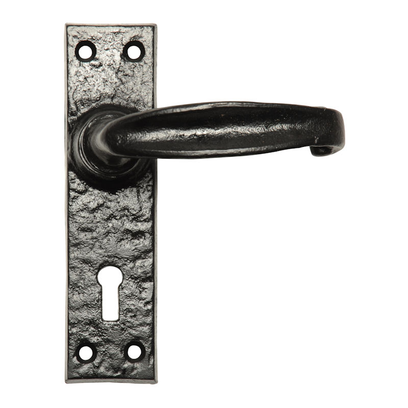 Kirkpatrick 2440 Black Iron Door Lever Handle on Latch Backplate