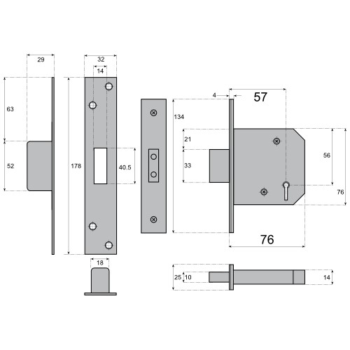 3" (76mm) Satin Brass 5 Lever High Security Mortice Deadlock for Doors